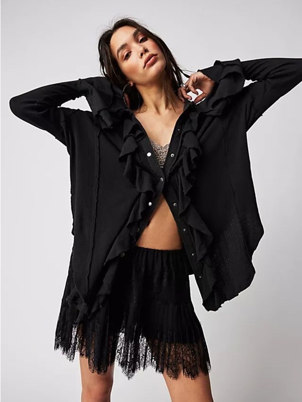 Free People Black Ruffle-Front Long Sleeve Top